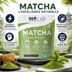 Matcha bio premium INOLAB 100g avec infographie des bénéfits santé et énergie naturelle