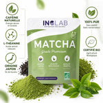 Matcha bio INOLAB 100g premium - poudre pure du Japon certifiée avec infographie ingrédients