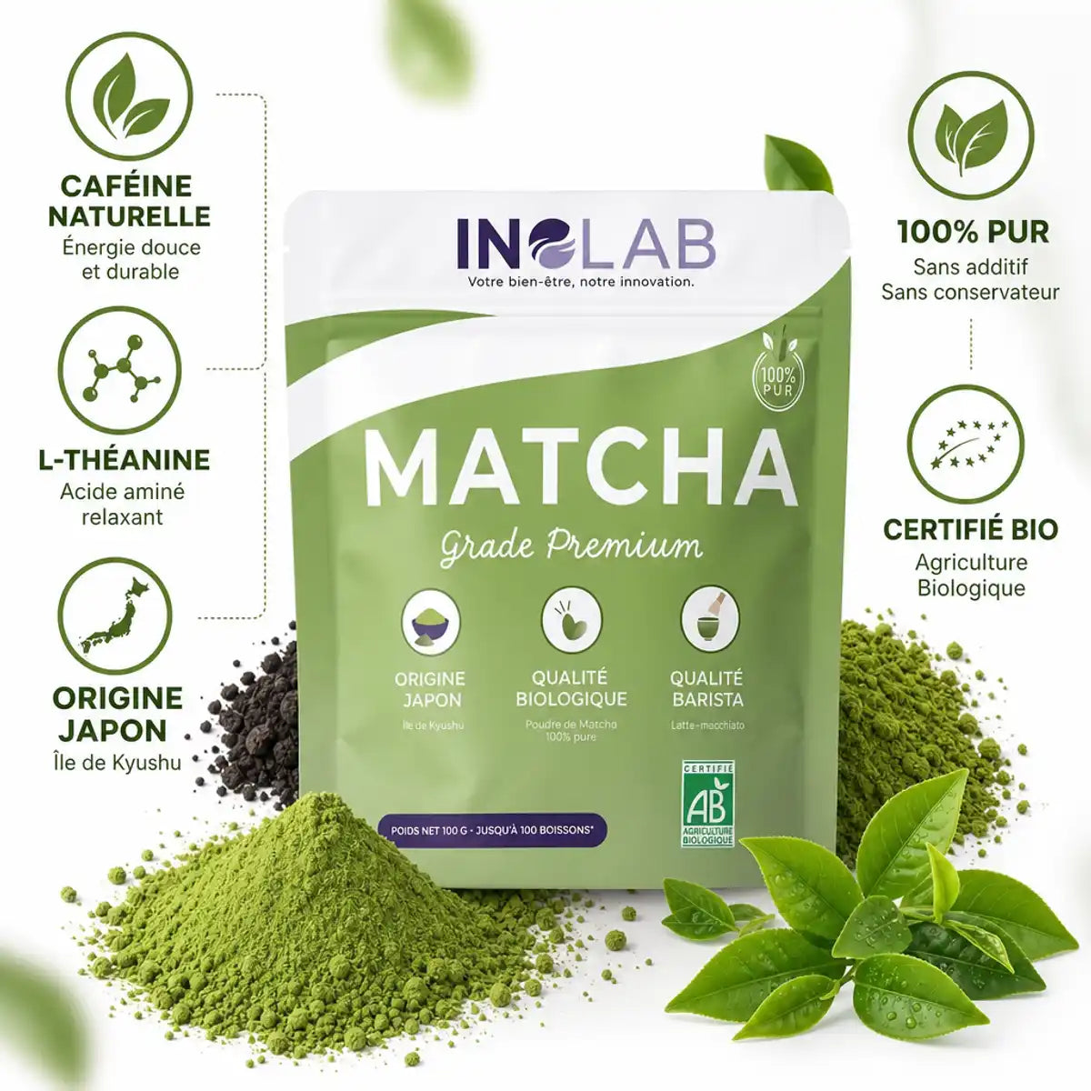 Matcha bio INOLAB 100g premium - poudre pure du Japon certifiée avec infographie ingrédients