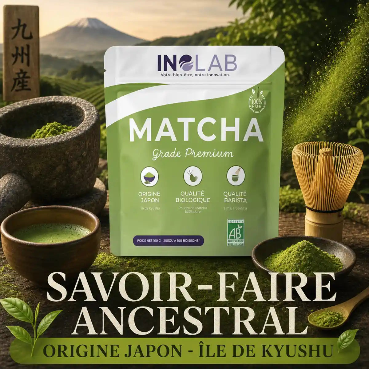 Matcha bio premium INOLAB 100g avec accessoires traditionnels japonais et poudre verte