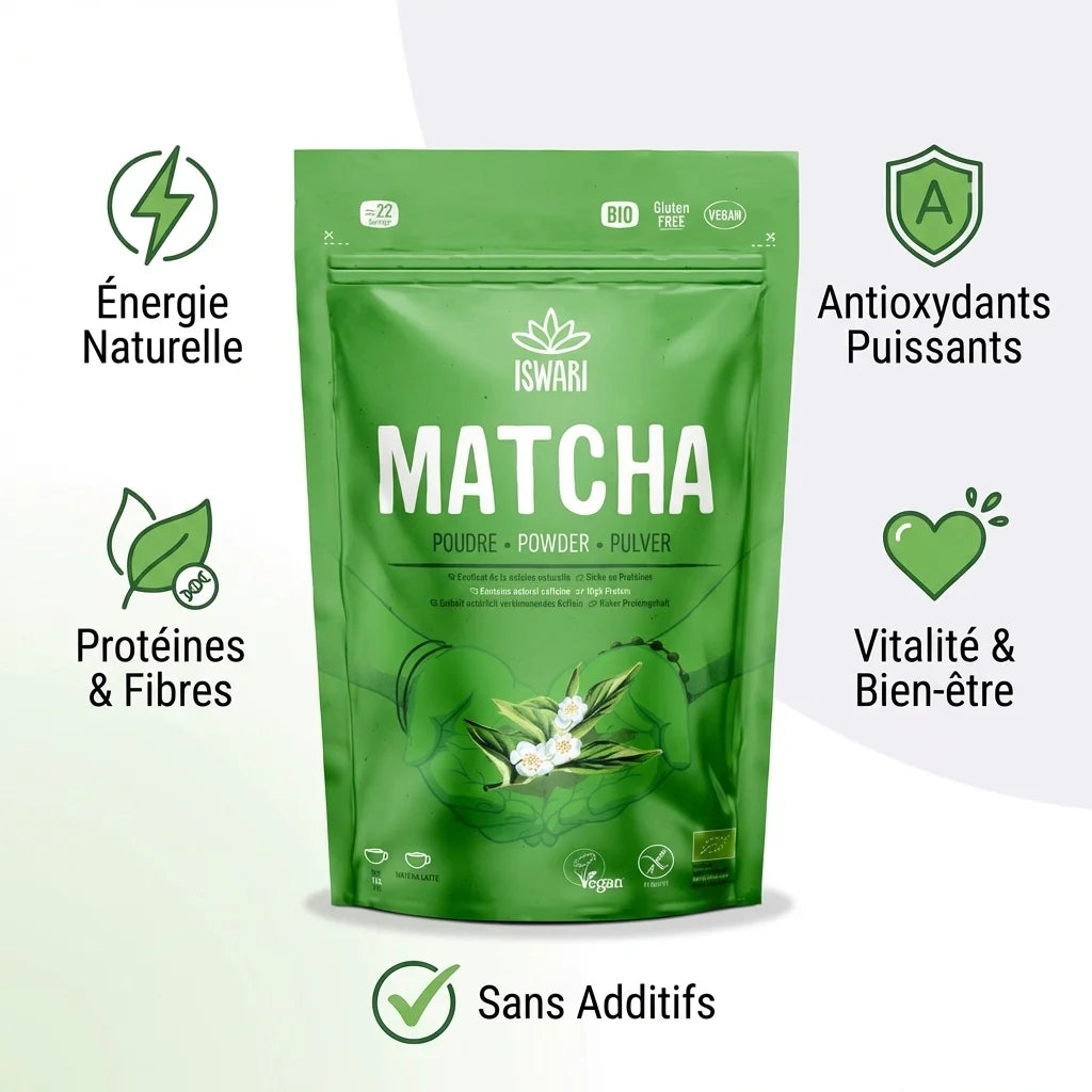 Matcha bio Iswari 70g avec ses bénéfices: énergie, antioxydants, protéines et vitalité naturelle