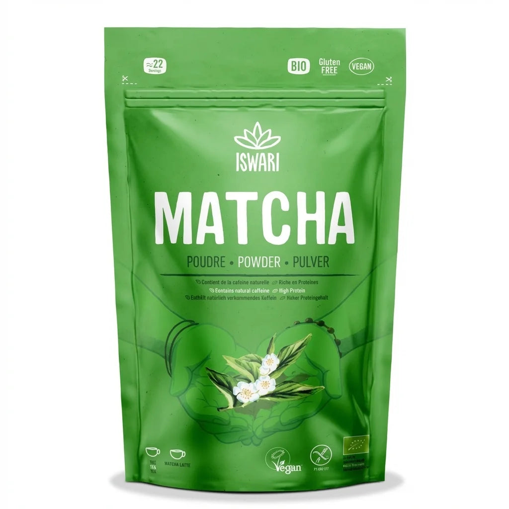 Poudre matcha bio Iswari 70g sachet vert certifié vegan sur fond blanc