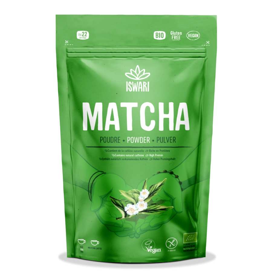 Le recto d'un sachet de Matcha en poudre bio 70 g Iswari