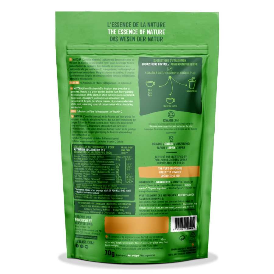 Le verso d'un sachet de Matcha en poudre bio 70 g Iswari