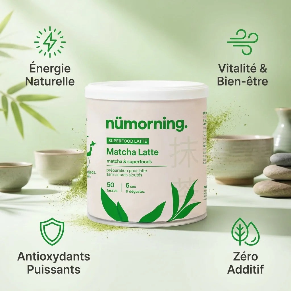 Matcha Latte bio nüMorning 125g avec infographie bénéfices énergie naturelle antioxydants bien-être