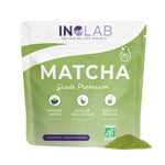Packshot d'un sachet de matcha premium de la marque INOLAB sur fond blanc