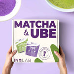 Deux mains tenant un coffret matcha & Ube de la marque Inolab