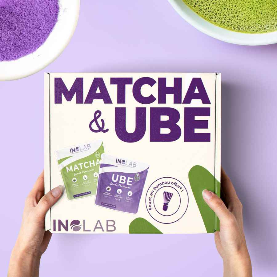 Deux mains tenant un coffret matcha & Ube de la marque Inolab