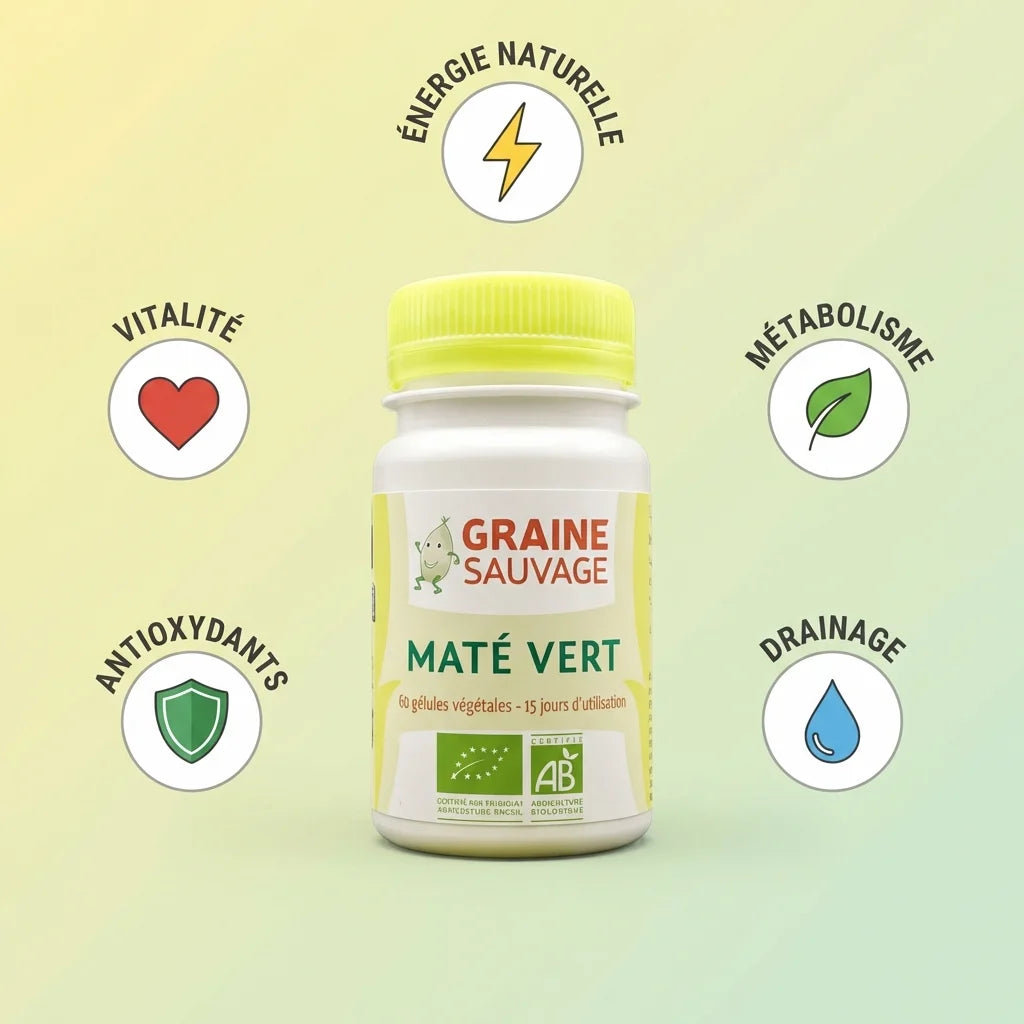 Maté Vert Bio Graine Sauvage 60 gélules avec bénéfices: énergie, métabolisme, drainage, antioxydants, vitalité