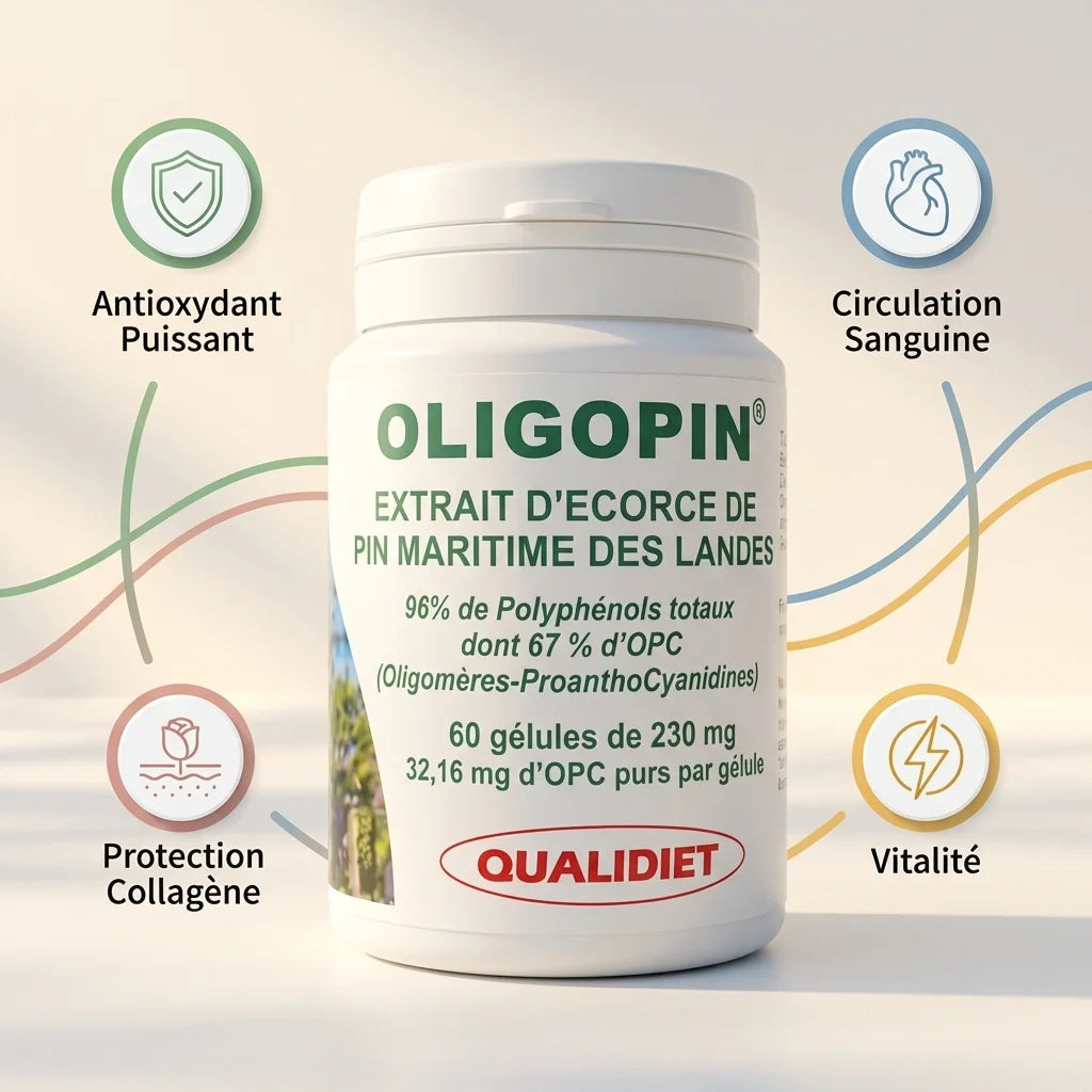 MAX OPC 50 extrait écorce pin maritime 60 gélules avec icônes antioxydant circulation sanguine protection collagène vitalité