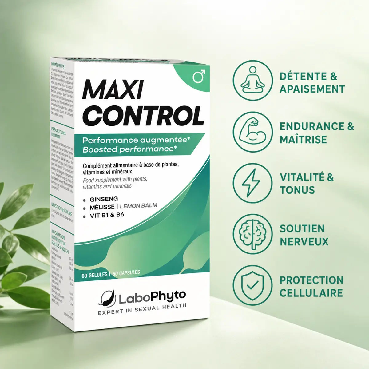 Maxi Control Labophyto 60 gélules avec ses 5 bénéfices : détente, endurance, vitalité, soutien nerveux et protection