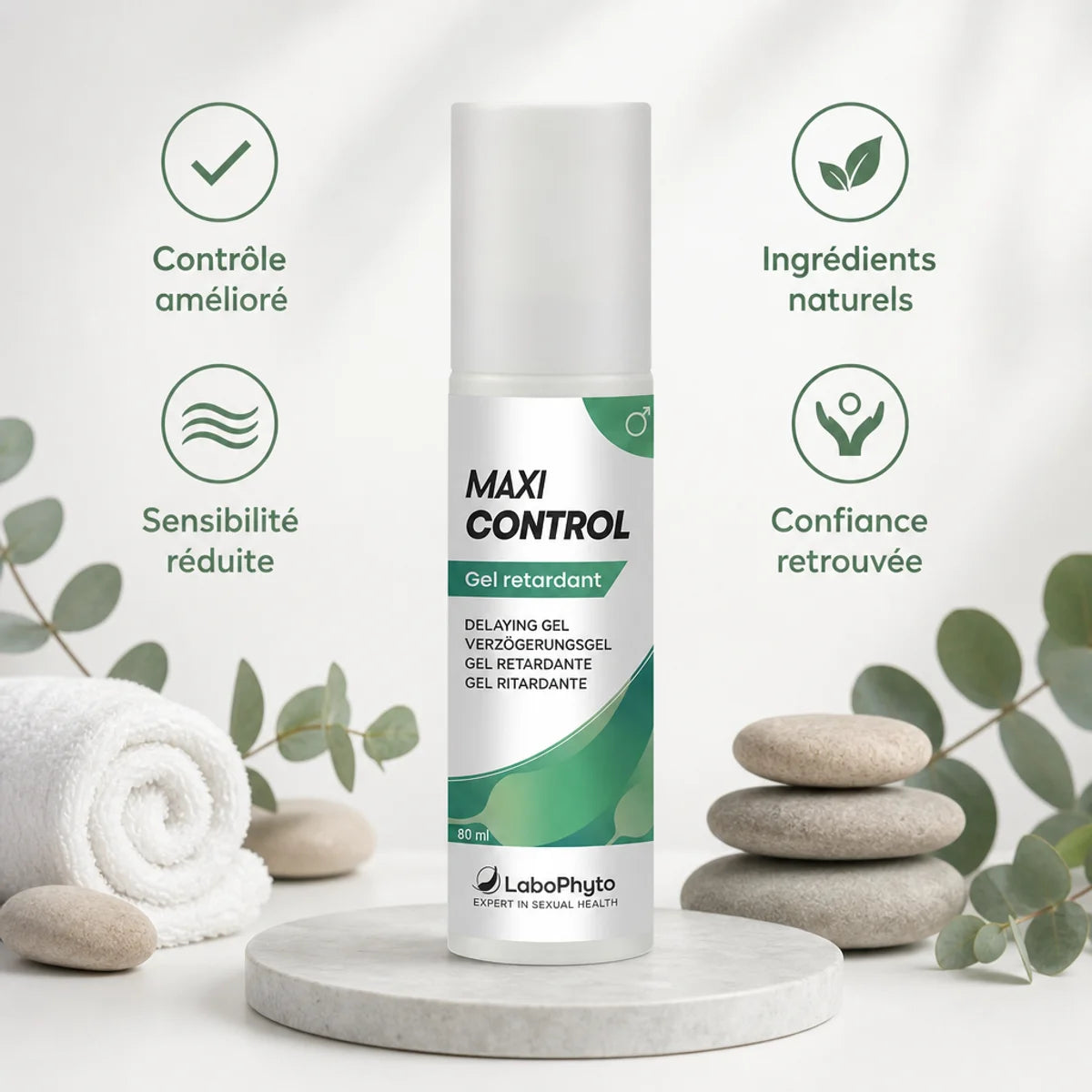 Gel retardant Maxi Control Labophyto 60ml avec bénéfices : contrôle, sensibilité réduite, ingrédients naturels