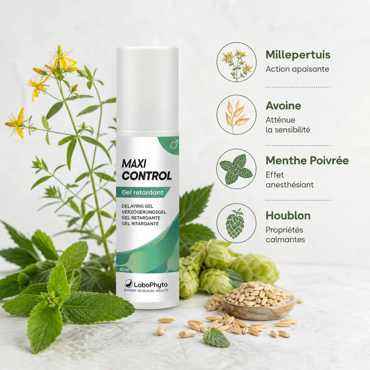 Gel retardant Maxi Control Labophyto 60ml avec ingrédients naturels millepertuis avoine menthe