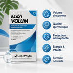 Maxi Volum supplément fertilité : flacon avec bénéfices volume sperme, qualité et vitalité