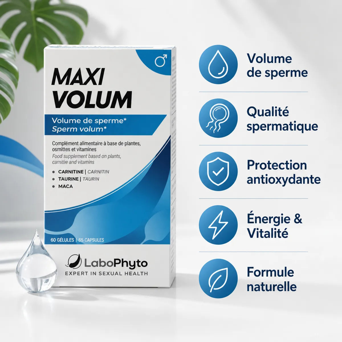 Maxi Volum supplément fertilité : flacon avec bénéfices volume sperme, qualité et vitalité