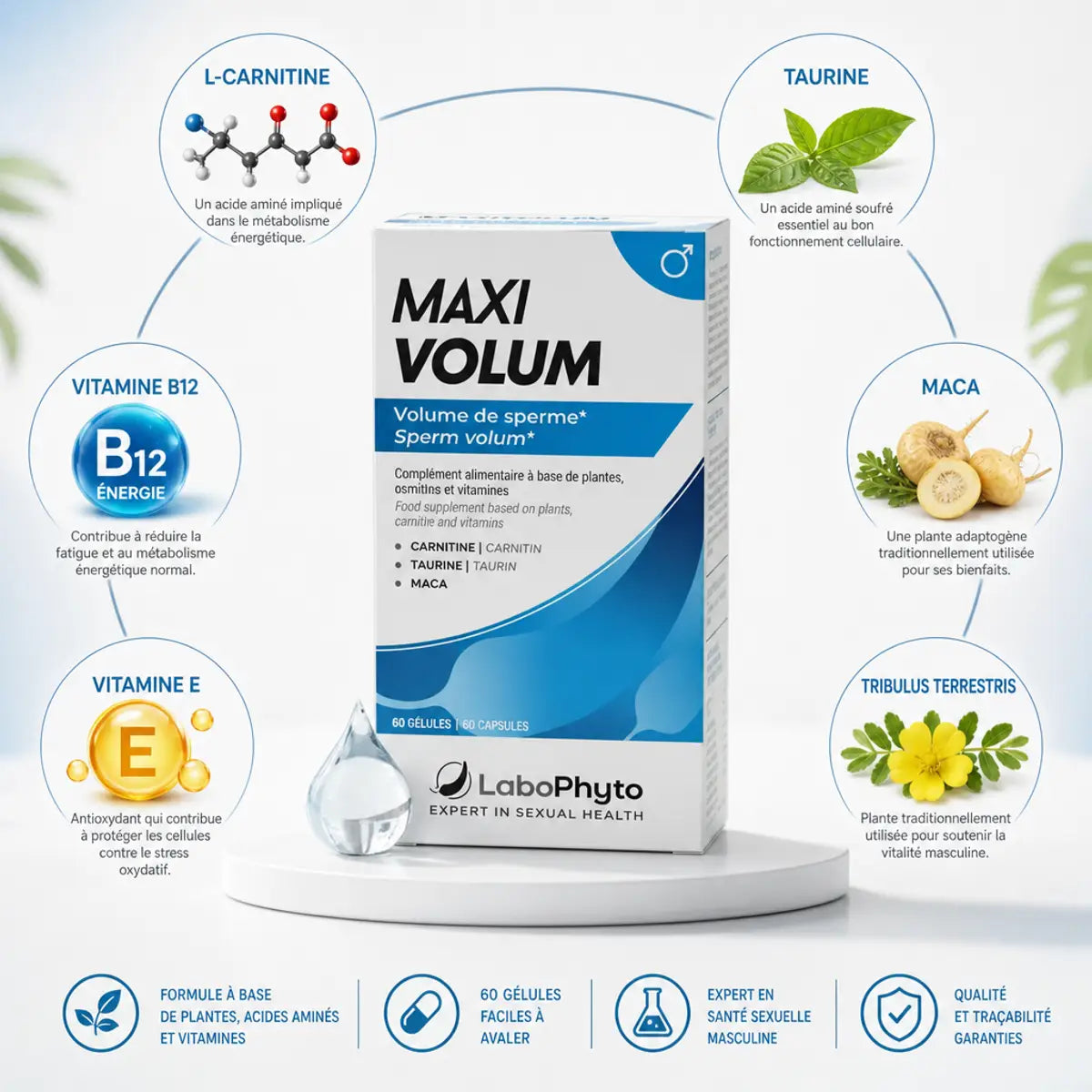 Maxi Volum LaboPhyto boîte 60 gélules fertilité avec ingrédients L-Carnitine Maca Tribulus