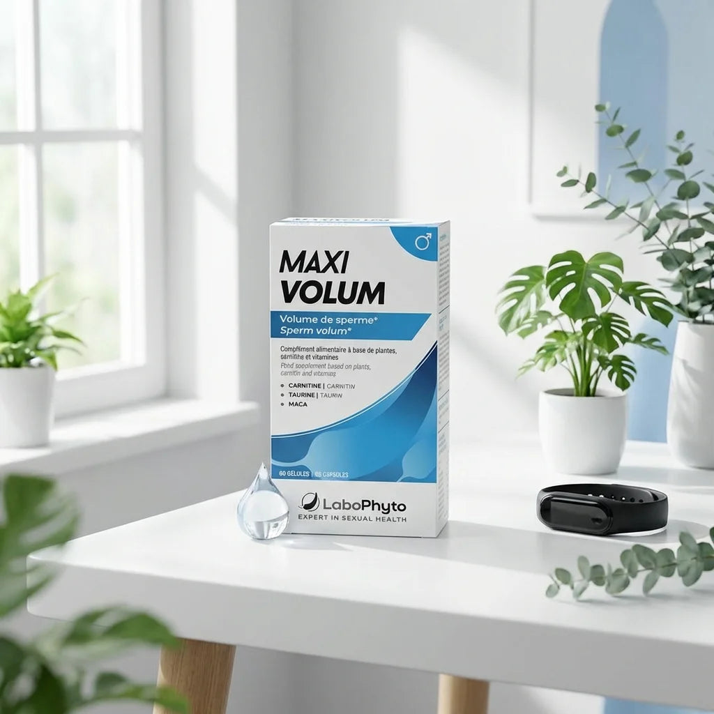 Boîte Maxi Volum soutien fertilité sur bureau avec plantes vertes et wellness lifestyle