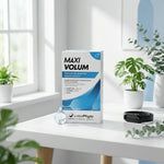 Boîte Maxi Volum soutien fertilité sur bureau avec plantes vertes et wellness lifestyle