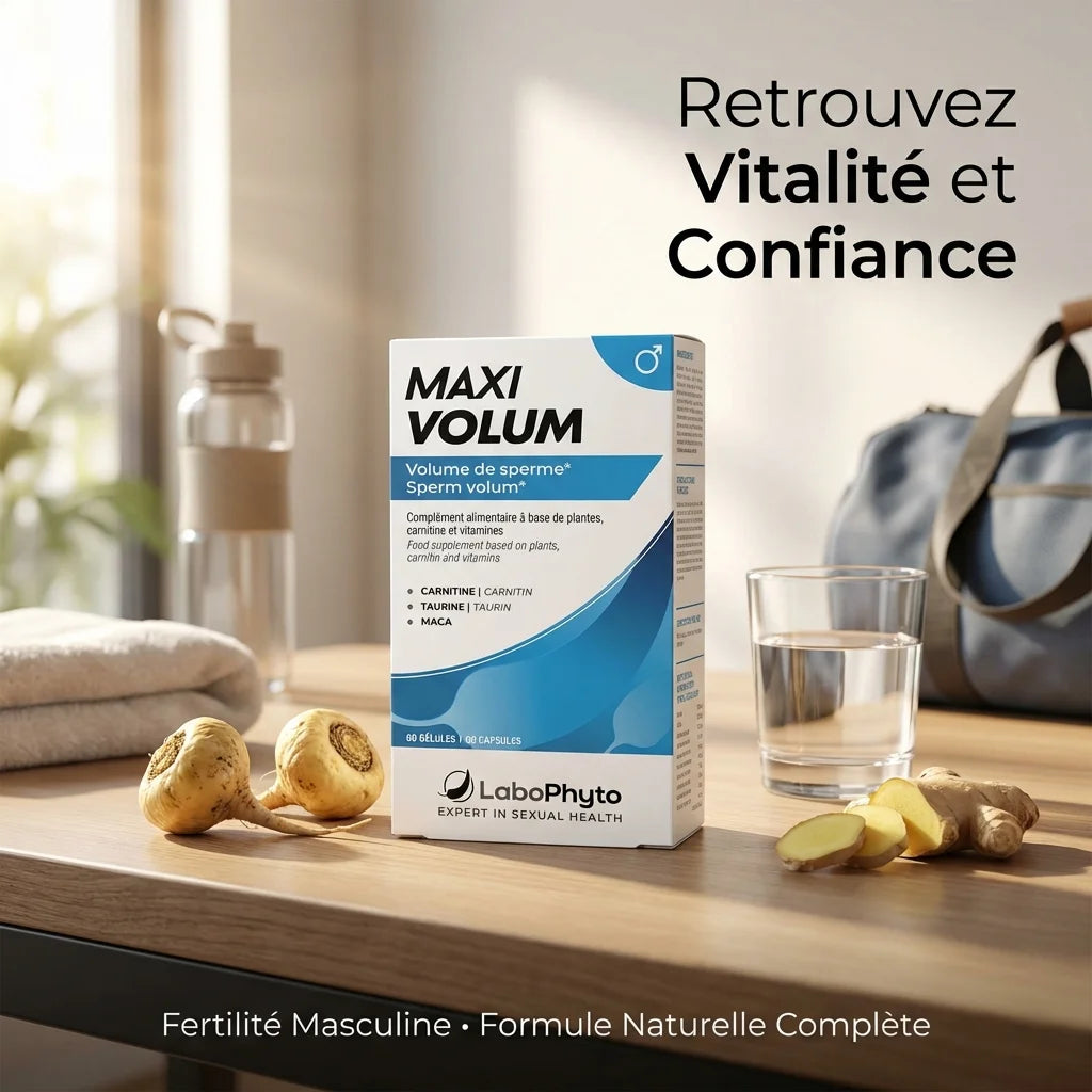 Maxi Volum boîte complément fertilité masculine LaboPhyto sur bureau avec ingrédients naturels