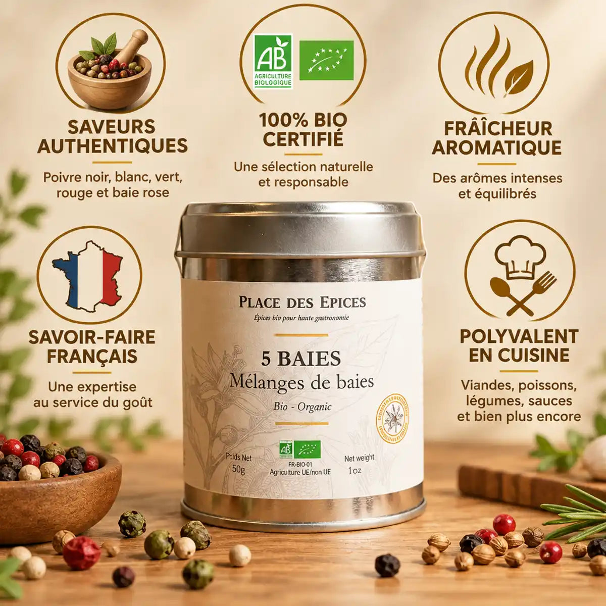 Mélange 5 Baies Bio 50g - Boîte métallique avec baies, certifications bio et icônes saveurs