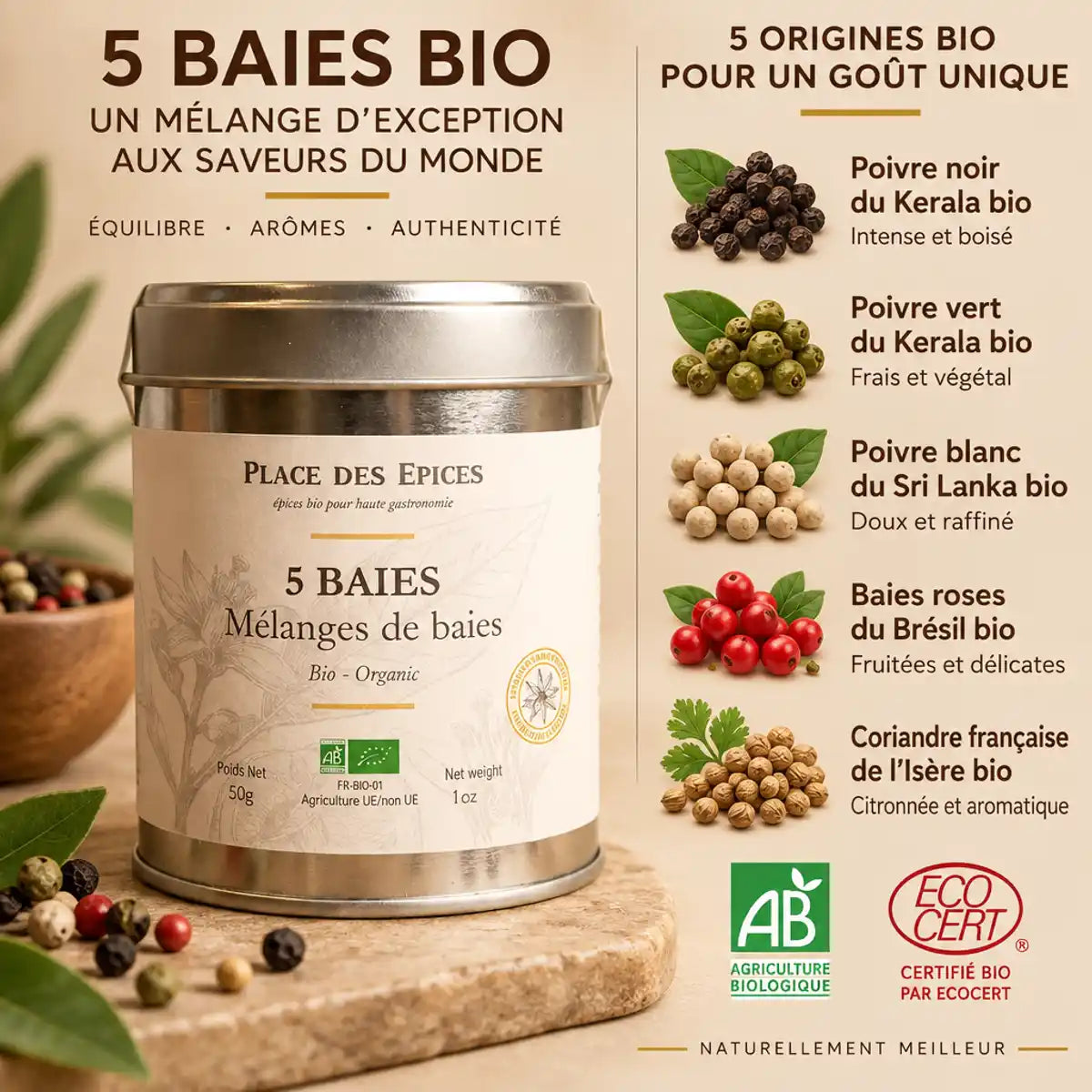 Mélange 5 Baies Bio 50g Place des épices - boîte avec infographie des 5 ingrédients certifiés
