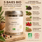 Mélange 5 Baies Bio 50g Place des épices - boîte avec infographie des 5 ingrédients certifiés