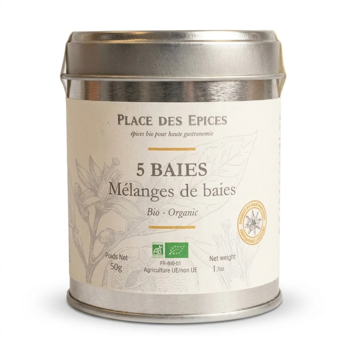 Mélange 5 Baies Bio 50g - Boîte métallique Place des épices sur fond blanc