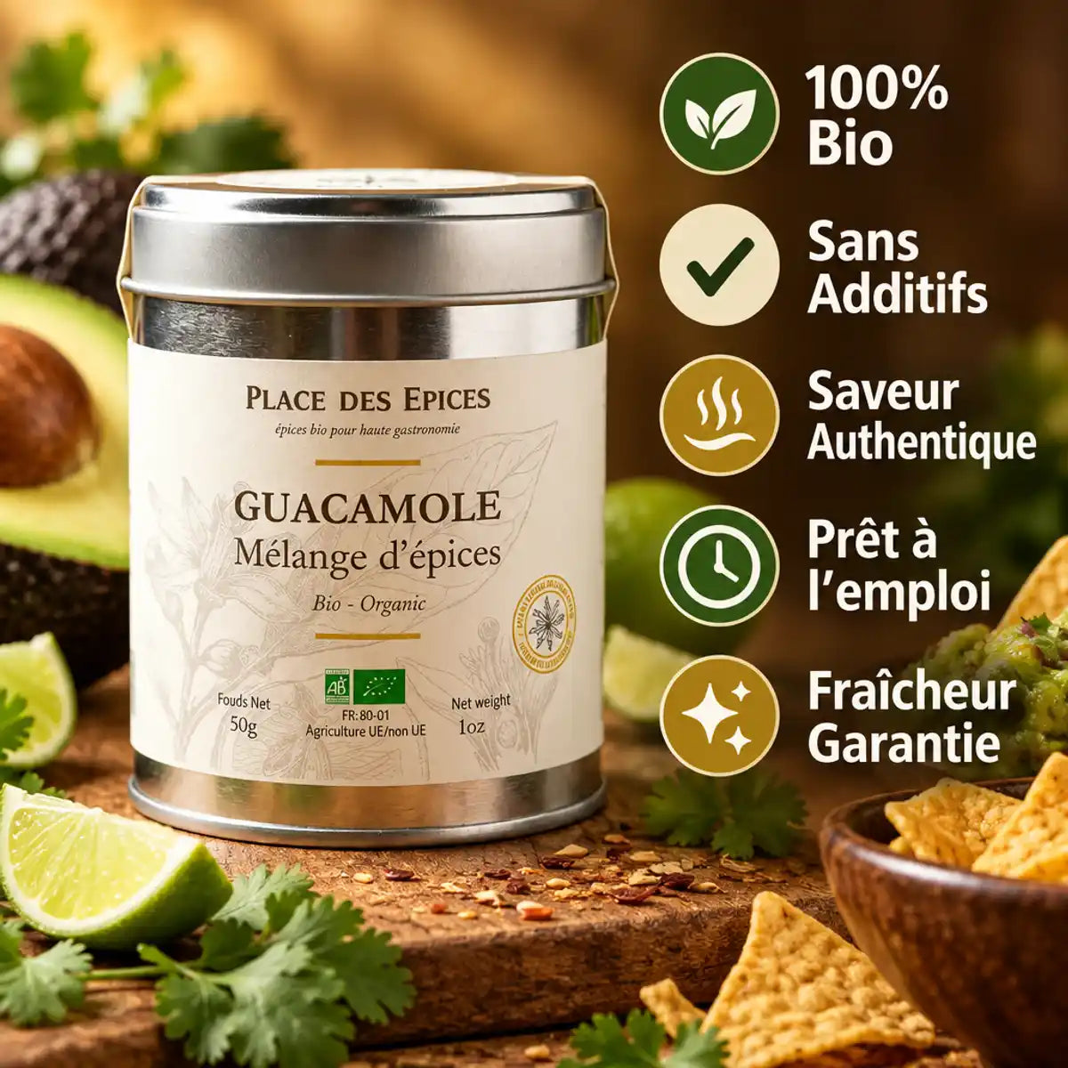 Mélange bio guacamole Place des épices 50g avec avocats, citron vert et tortillas