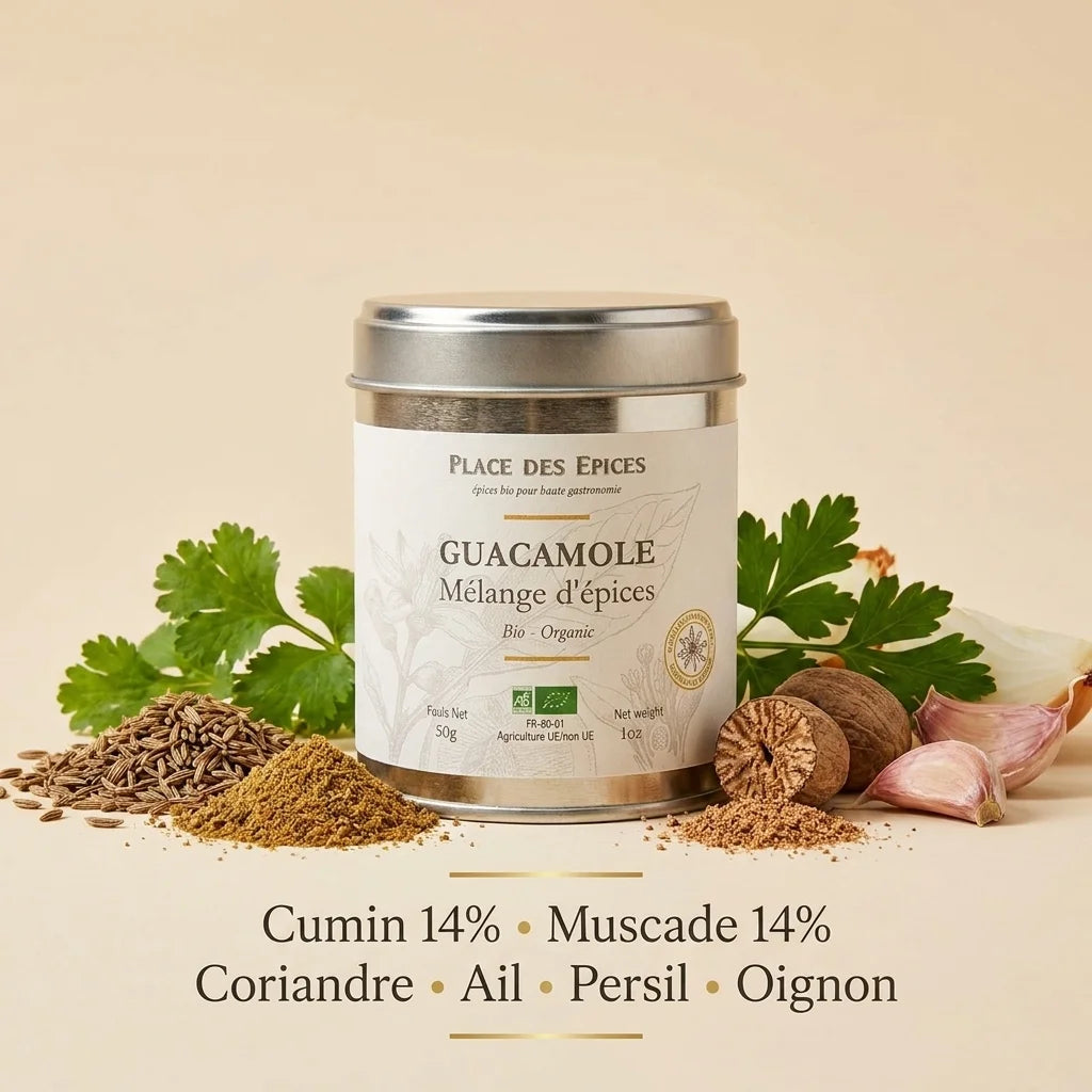 Mélange bio guacamole Place des épices 50g avec cumin, muscade et coriandre