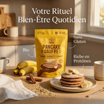 Mélange pancake banane chantre cannelle Iswari bio sans gluten avec pancakes frais
