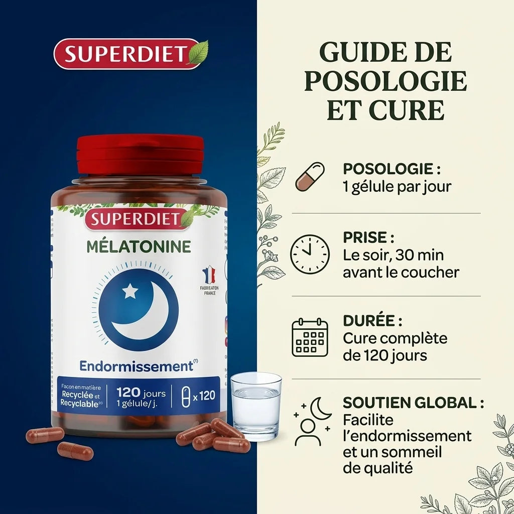 Superdiet Mélatonine 1mg 120 gélules avec posologie, gélules et verre d'eau sur fond bleu