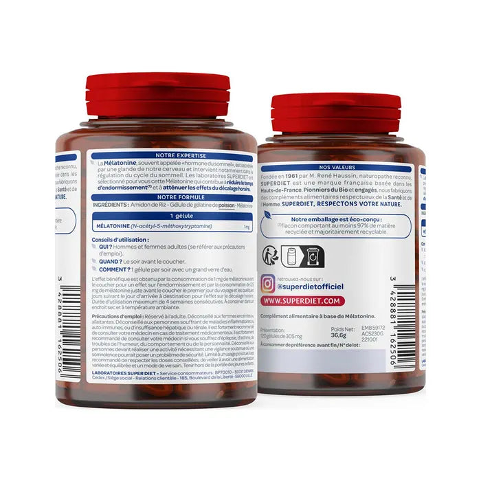 Le dos d'un pot mélatonine 1 mg de 120 gélules de la marque Superdiet