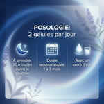 Infographie posologie Mélatonine Verveine - 2 gélules par jour, 30 minutes avant coucher