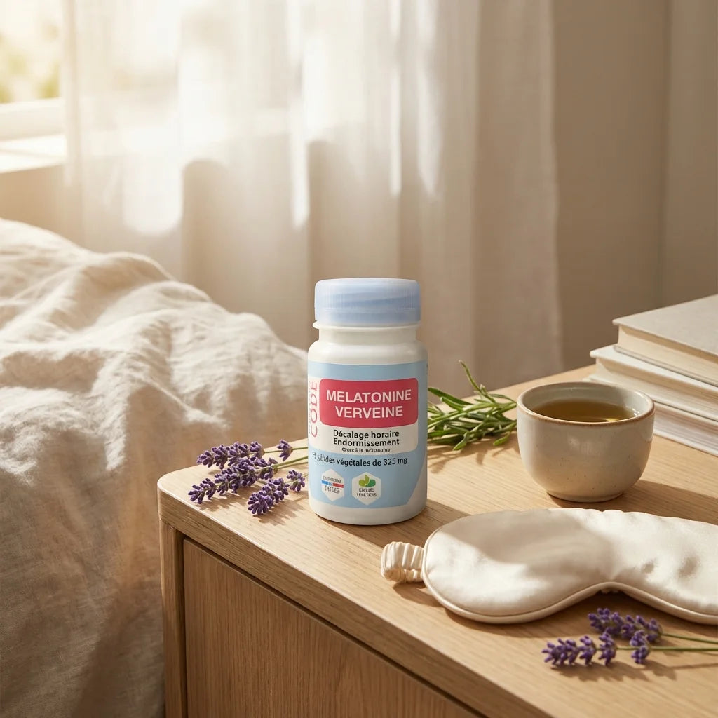 Mélatonine Verveine 60 gélules Laboratoire Code sur table de nuit avec lavande et masque sommeil
