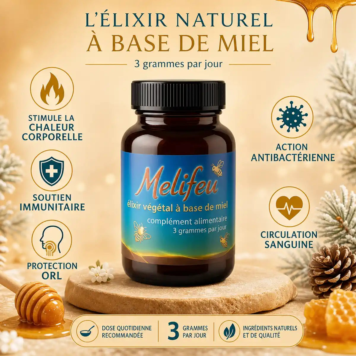 Melifeu 170g - Élixir miel hiver avec 5 bénéfices santé : chaleur corporelle, immunité, ORL, antibactérien, circulation