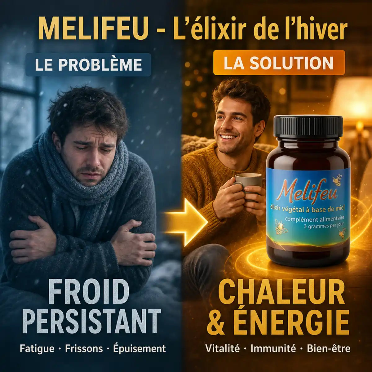 Melifeu contre le froid : avant/après avec flacon ambré et solution réchauffante pour l'hiver