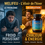 Melifeu contre le froid : avant/après avec flacon ambré et solution réchauffante pour l'hiver