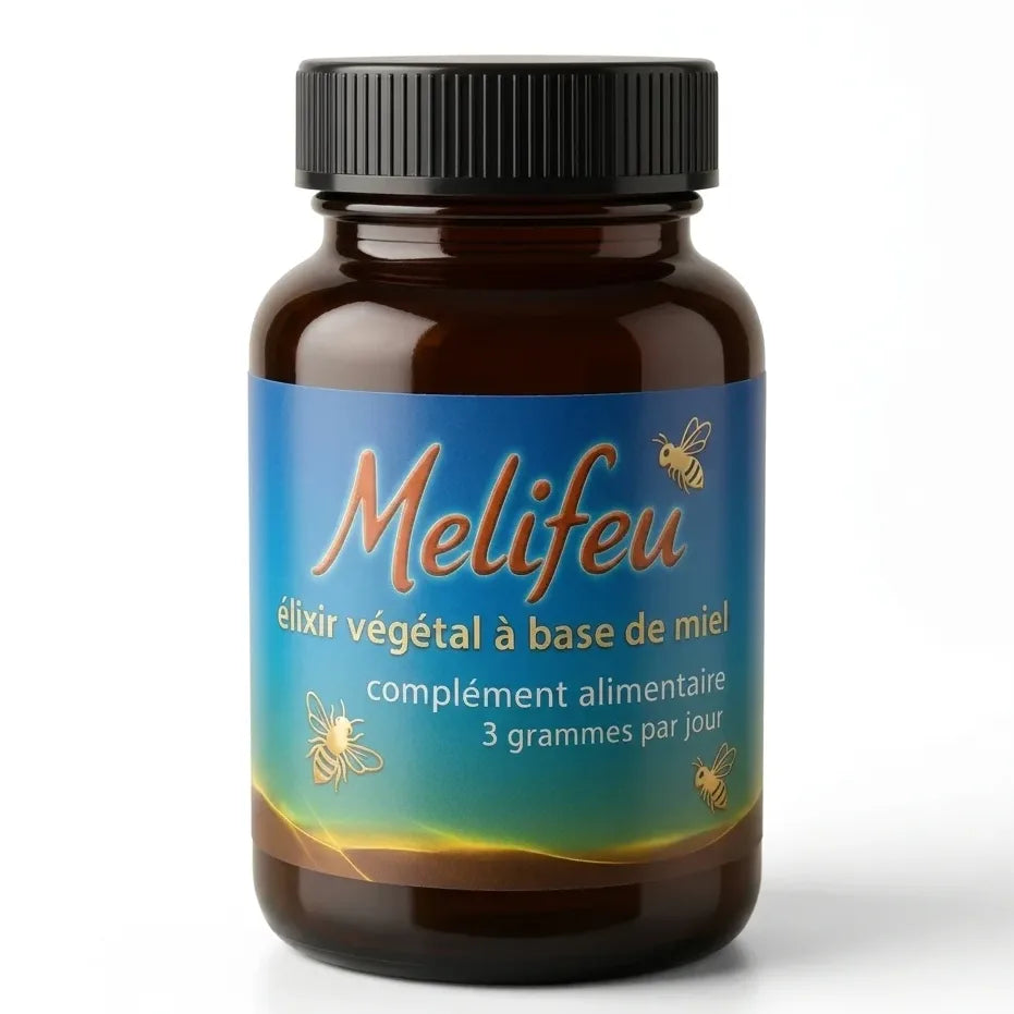 Melifeu 170g - Pot en verre ambré avec étiquette bleue dégradée, produit d'hiver Jade Recherche