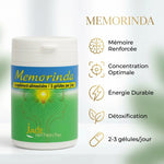 Memorinda complément mémoire concentration avec 5 bénéfices illustrés et posologie
