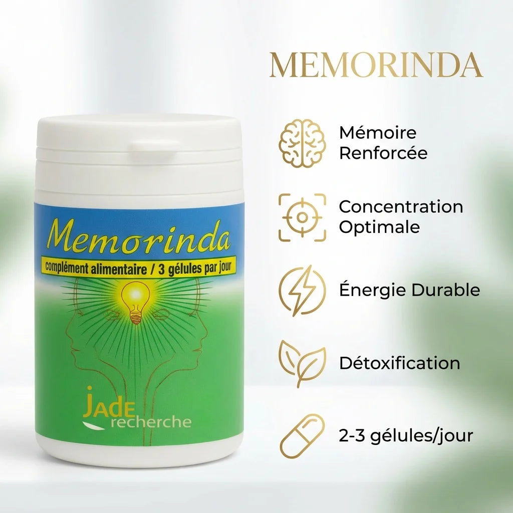 Memorinda complément mémoire concentration avec 5 bénéfices illustrés et posologie