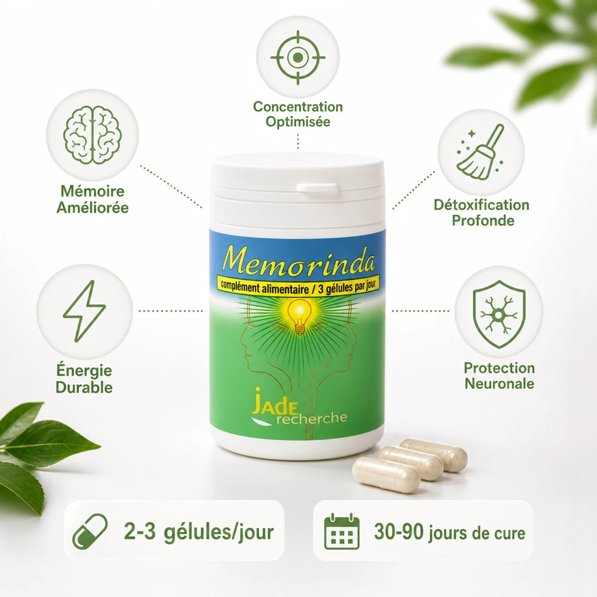 Memorinda supplément mémoire concentration - bouteille Jade Recherche avec bénéfices