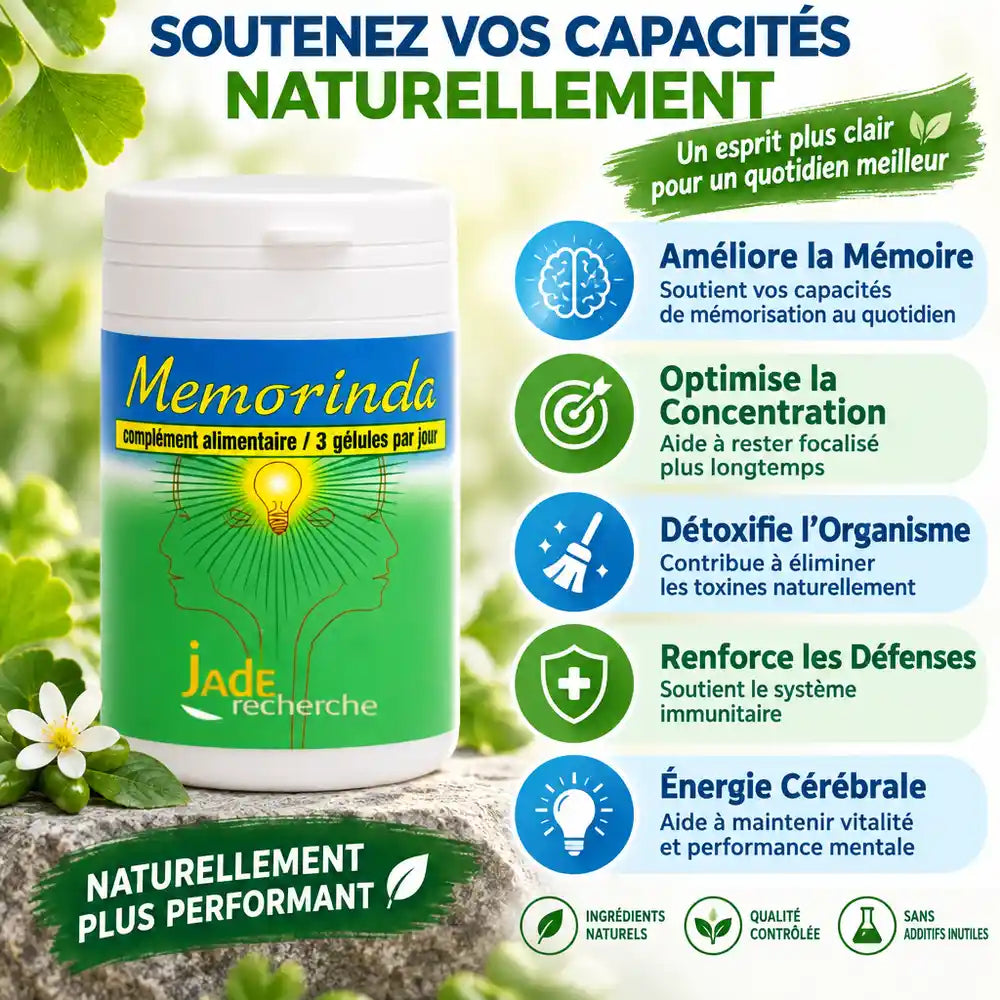Memorinda Jade Recherche - flacon supplément mémoire et concentration avec infographie des 5 bénéfices