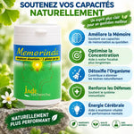Memorinda Jade Recherche - flacon supplément mémoire et concentration avec infographie des 5 bénéfices