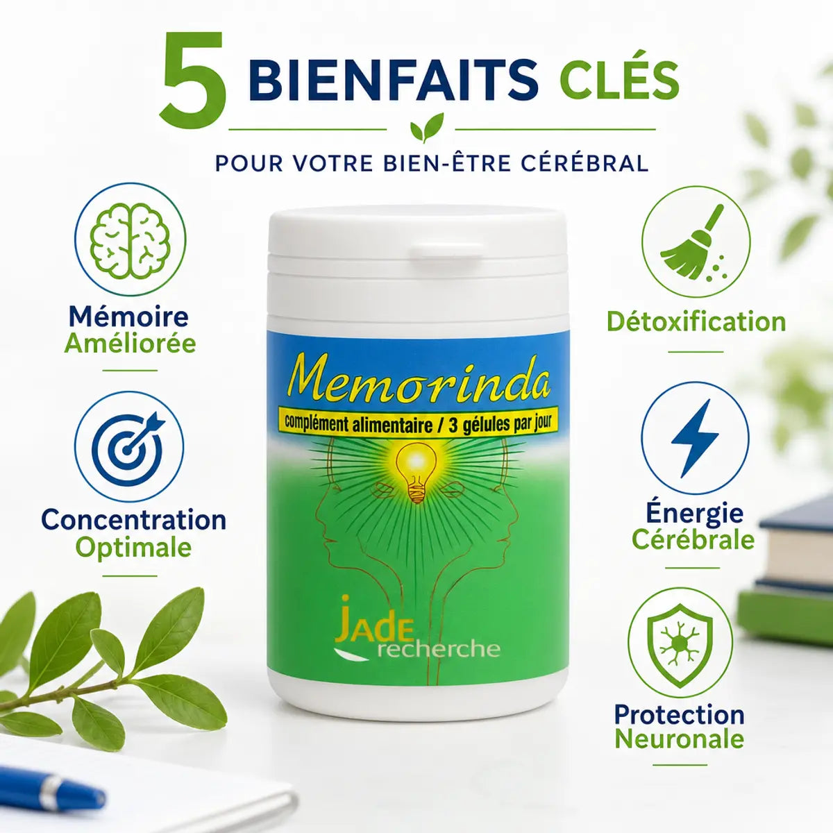 Memorinda complément mémoire et concentration - flacon avec bénéfices: mémoire, concentration, détoxification, énergie cérébrale