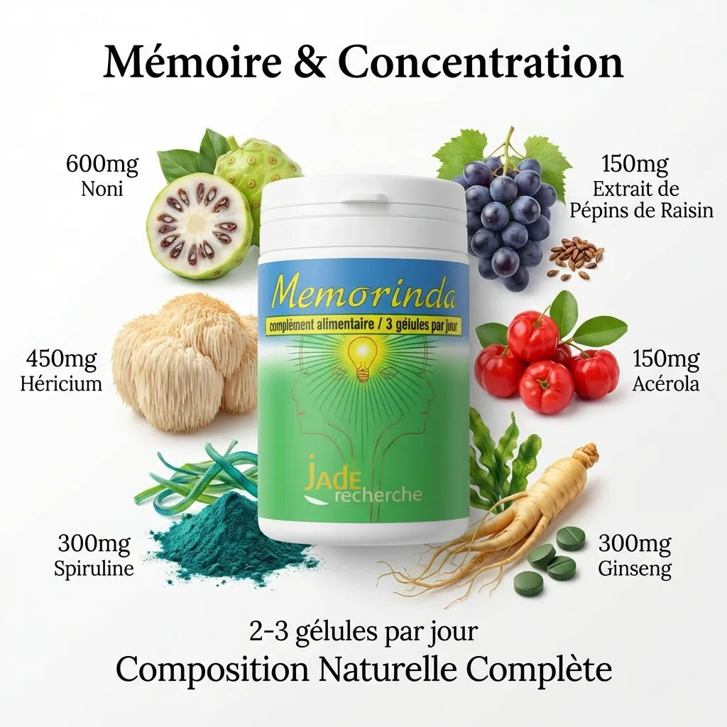 Memorinda supplément mémoire concentration avec ingrédients naturels Lion's Mane spiruline ginseng