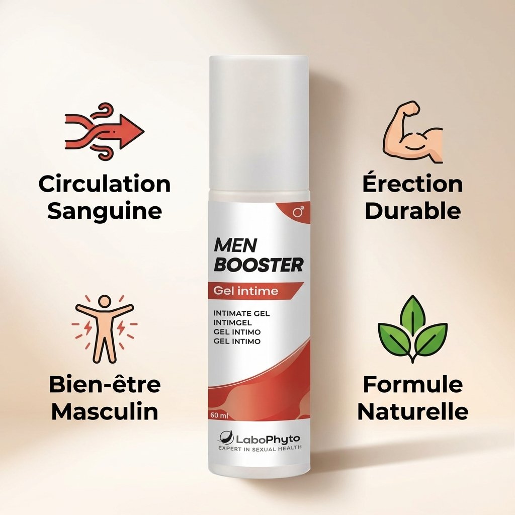 Men Booster Gel d'Érection Labophyto 60ml avec icônes de bénéfices : circulation sanguine, érection durable, bien-être masculin
