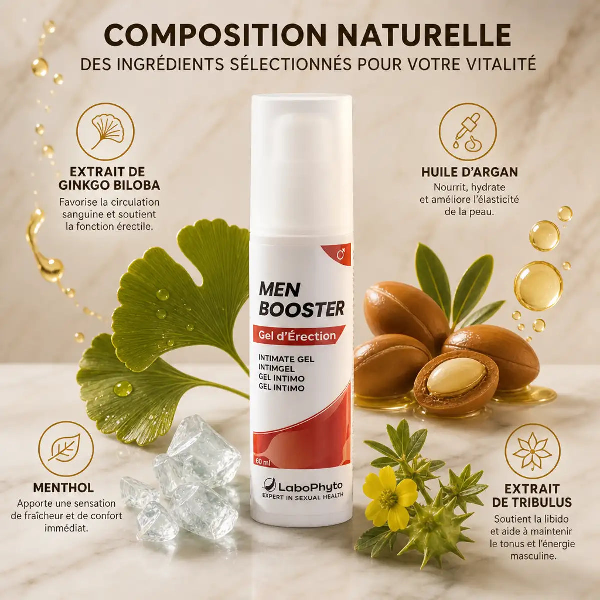 Men Booster Gel d'Érection 60ml Labophyto avec ingrédients naturels ginkgo biloba argan tribulus