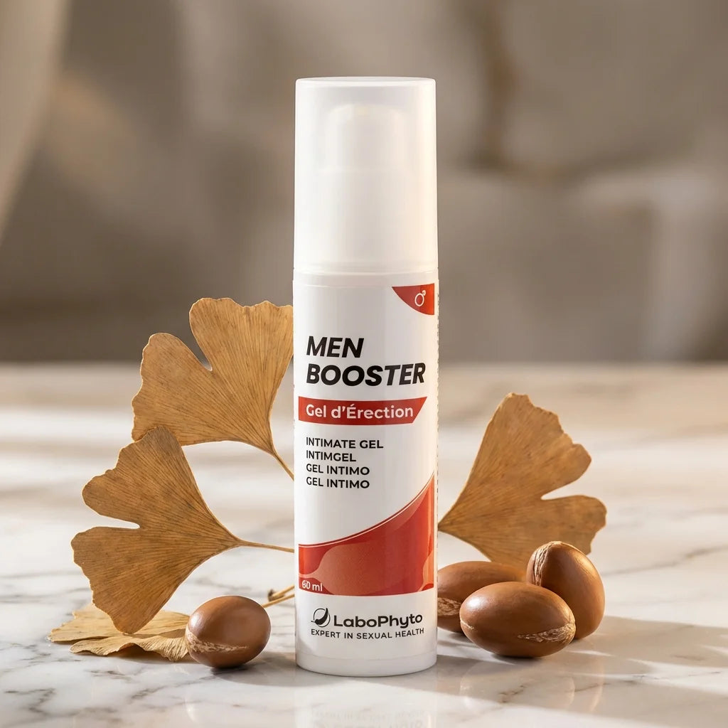Men Booster Gel d'Érection 60ml Labophyto sur surface marbre avec éléments naturels