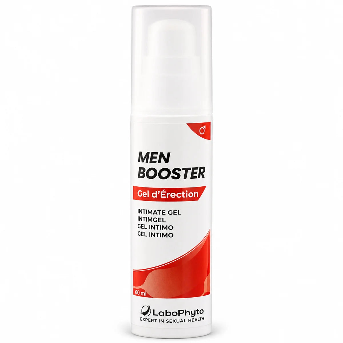 Men Booster Gel d'Érection 60ml Labophyto - flacon blanc avec pompe et symbole masculin