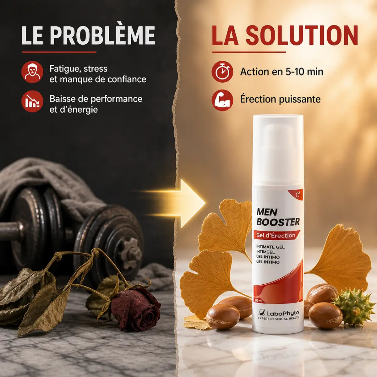 Men Booster Gel d'Érection 60ml Labophyto - solution naturelle pour érection puissante en 5-10 minutes